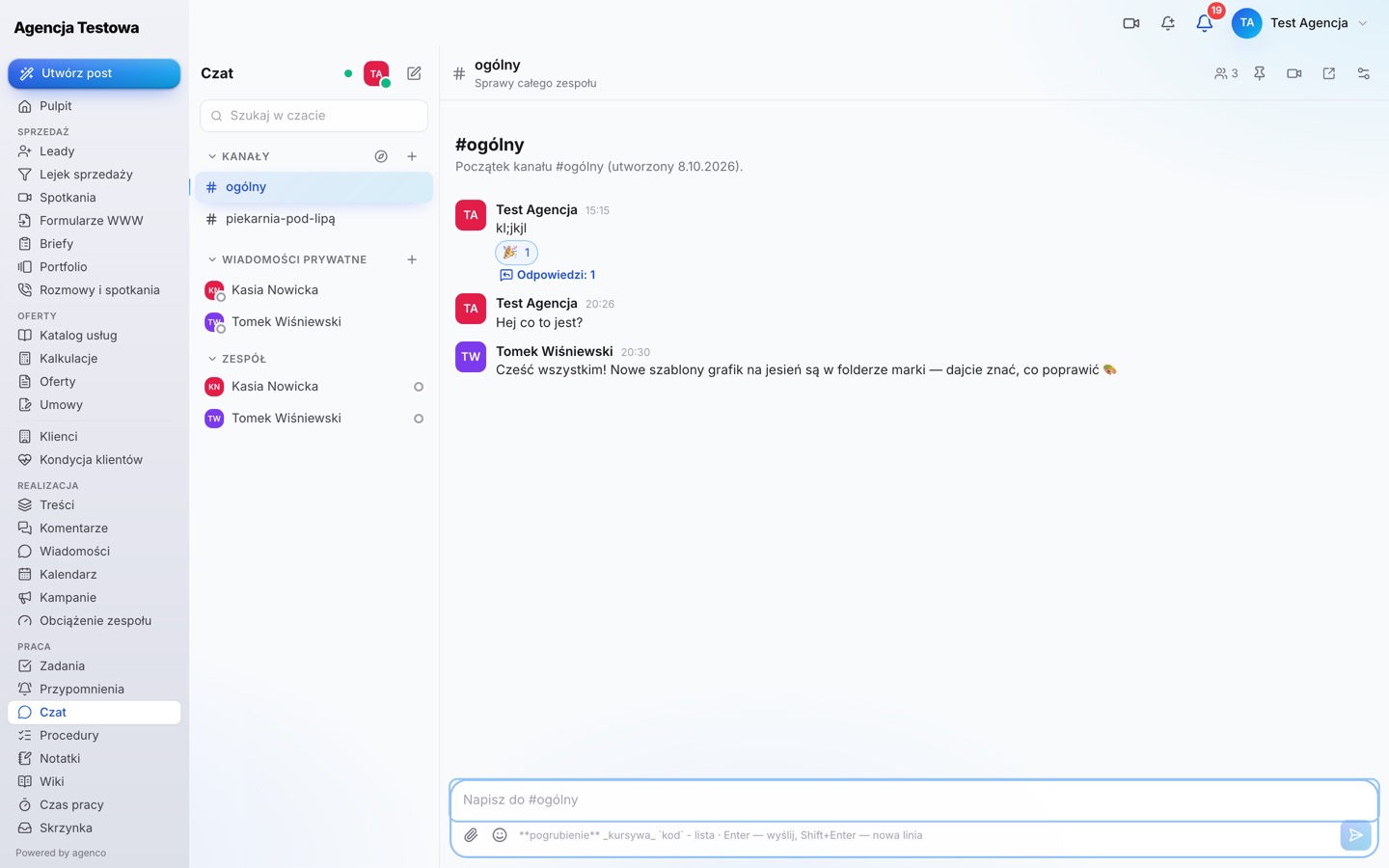 Czat zespołu z kanałami i wiadomościami